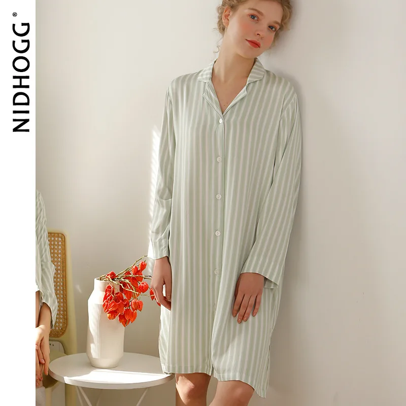 Spring Satin Nightgowns Long Sleeve Women Sleepwear Viscose Green Striped Sleepshirts Night Dress Sexy Sleep Tops Comfortable