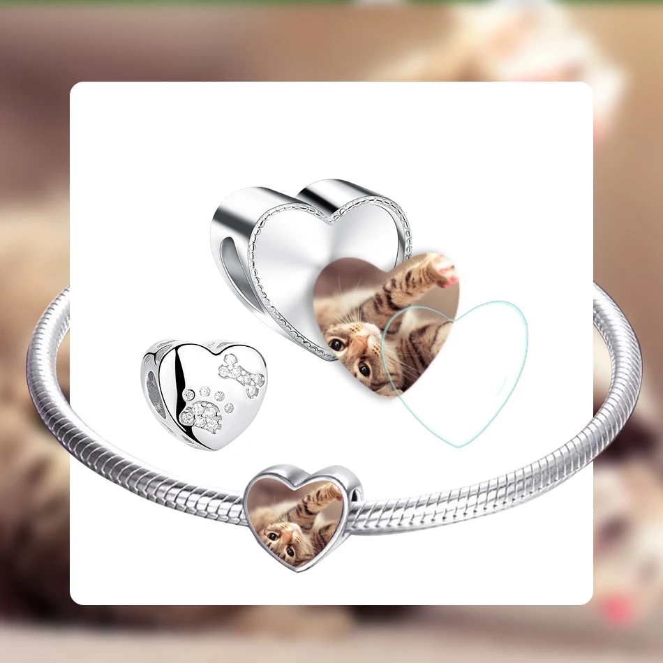 ELESHE 925 Sterling Silber Pet Paw Print Heart Custom Foto Charme Perlen Fit Armband Halskette DIY Personalisierte Schmuck