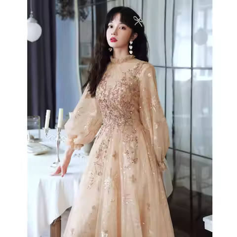 Female ChampagneTemperament Banquet Long Dress Host Elegant Ladies Annual Meeting Evening Dress XS-2XL