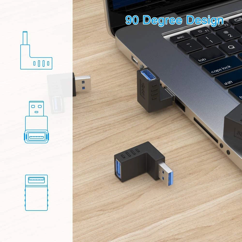 2 Pack USB 3.0 Male to Female Adapter Extension 90 Degree Right Angle Adapter Plug End Points UP Down USB Extender Connector