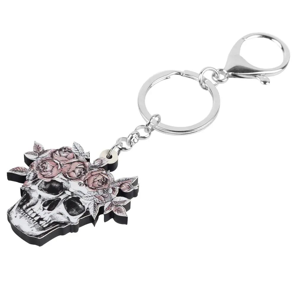 Bonsny Acrylic Halloween Gray Flower Skull Keychains Skeleton Keyring Jewelry For Women Girls Teen Festival Gift Bag Decoration