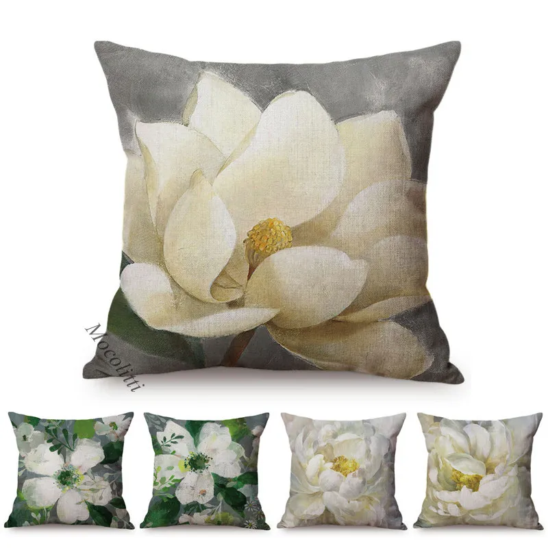 

White Flowers Oil Painting Art Anemone Peony Magnolia Blossom Design Spring Garden Decorative Pillows Cover Sofa Cushion Cover