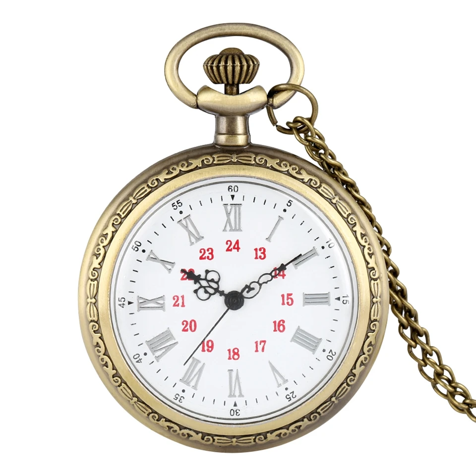 No Cover Design Quartz Pocket Watches Roman Numerals Bronze Floral Rattan Back Case Necklace Retro Chain Watch for Men Women