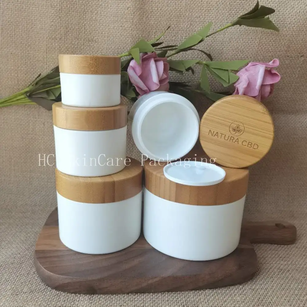 Wholesale Skin Care Cream Container,White PP Plastic  Jar With Original Ecological Bamboo Lids,Cosmetic Split Cream Makeup Jar