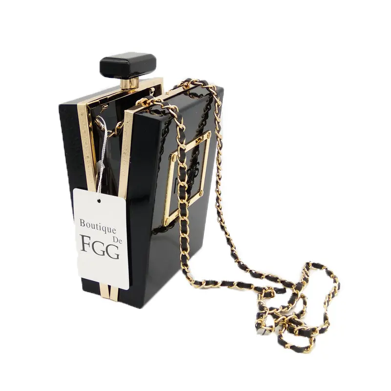 Boutique De FGG Women Fashion Clutches Purse Perfume Bottle Crossbody Shoulder Bags Laides Black Acrylic Box Clutch Evening Bag