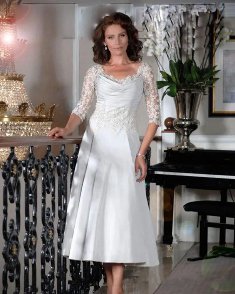 Elegante Moeder Van De Bruid Jurken Halve Mouwen V-hals Lace Formele Avondjurken Thee Lengte Satijn Bruiloft Gast Jurken custom