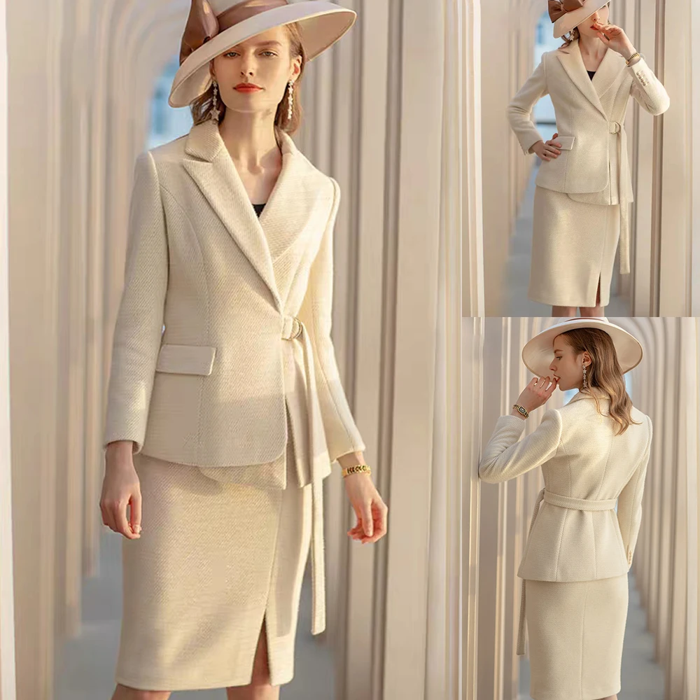 France Style Elegant Women Suits Custom Made Peaked Lapel Woolen Blazer With Belt Office Lady Daily Party  Jacket