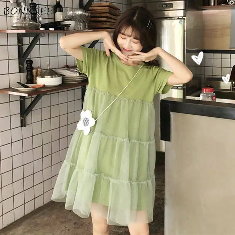 Dress Women Trendy Summer Korean Lovely Mesh Patchwork Chic Girls Dresses Casual Short Sleeve Vintage Holiday Womens Sundress