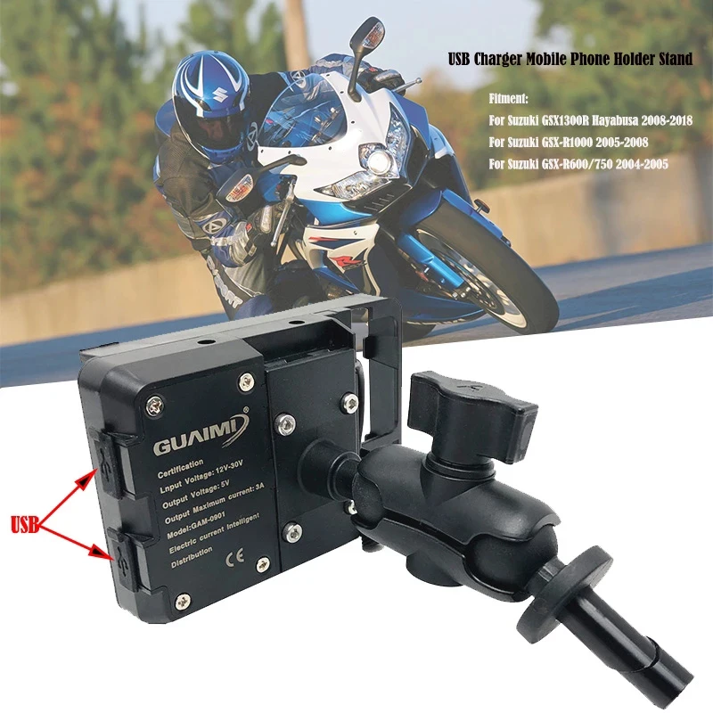 For Suzuki GSX1300R Hayabusa GSX-R1000 GSX-R600 GSX-R750 USB Charger Mobile Phone Holder Stand Bracket GPS Navigation Bracket