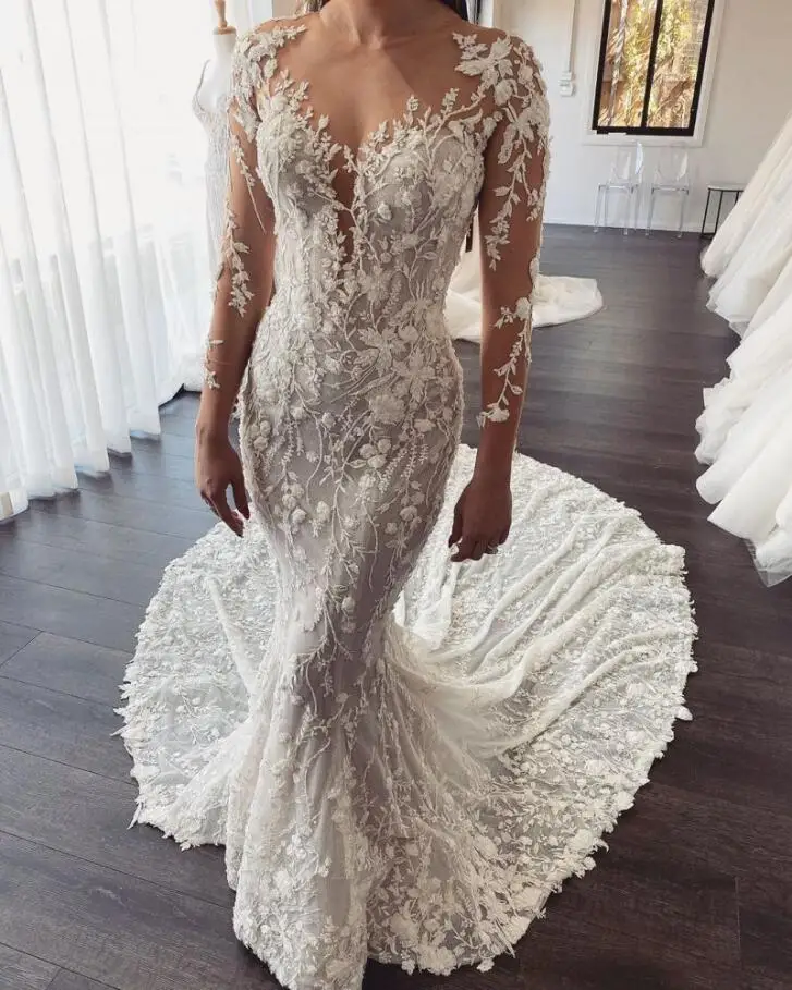 Robe de mariée Sexy en dentelle, sur mesure, dos ouvert, style sirène, manches longues