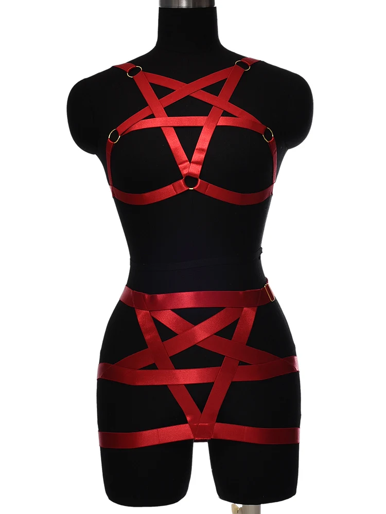 

Wine Red Pentagram Goth Sexy Body Cage Belt Bodysuit Hollow Bondage Body Set Open Chest Lingerie Harness Bra Panties Set