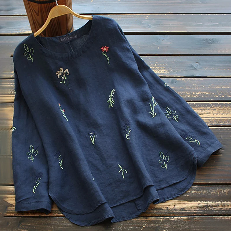 2023 ZANZEA Casual Tops Women\'s Summer Tunic Vintage Linen Blouse Female Lapel Work Blusas Elegant Female Long Sleeve Shirts