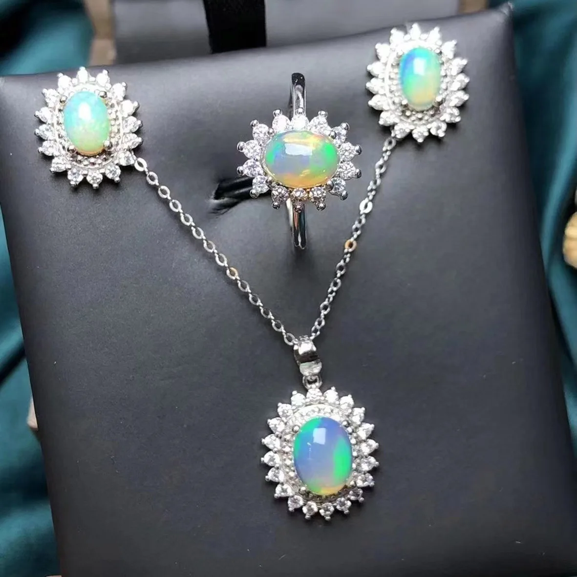 

Buy Retro Elegance Oval Opal Jewelry Set Necklace Earrings Rings Women