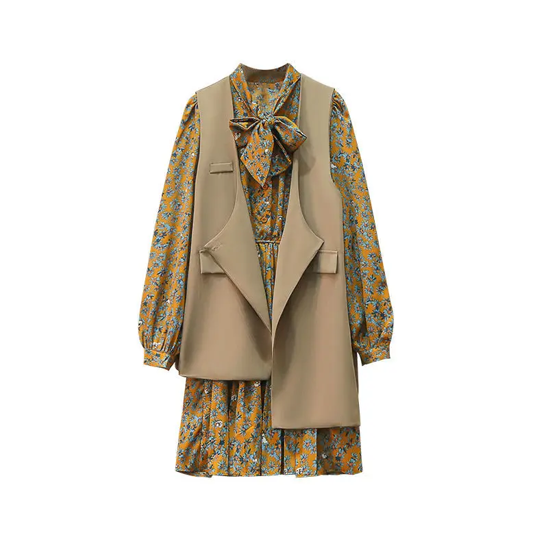

Spring Autumn Plus Size Mini Dress 2Piece Sets Floral Dresses Suit Two Piece Vintage Loose Casual Women Irregular Vest Coat