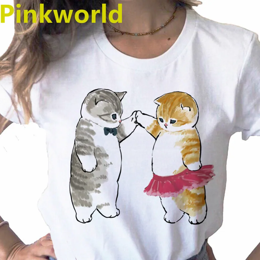 Summer New Fashion Funny Cat Cartoon print ladies T-shirt ladie casual basis O-collar white shirt short sleeve T-shirt,Drop Ship