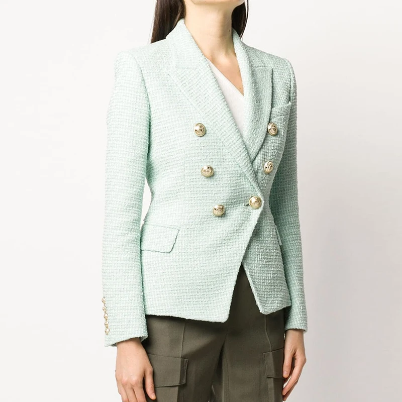 

High Quality Newest Nice Designer Jacket Women's Classic Metal Lion Buttons Double Breasted Tweed Blazer Mint Green