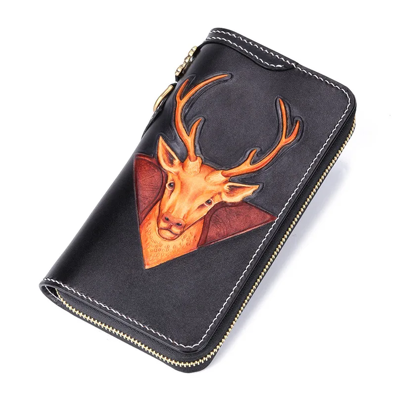 

High-grade Handmade Passport Carving Deer Wallets Purses Women Men Long Clutch Vegetable Tanned Leather Wallet Card Holder