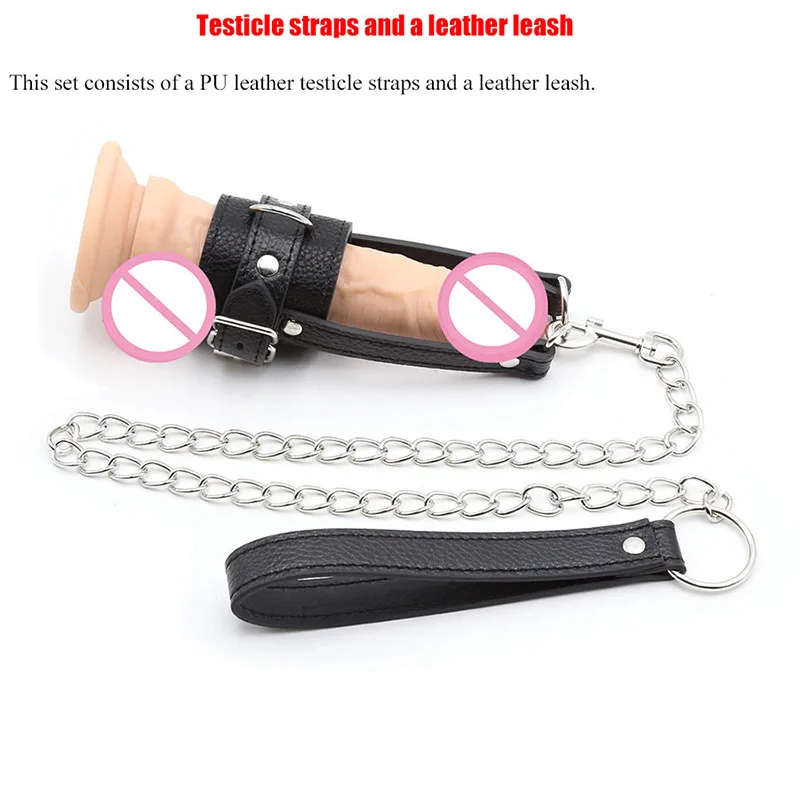 Leather Ball Stretcher ,Humiliating Chastity Cage Cockring Leash Set, Wrap Around Scrotum Cock Ring,Sex Toys For Men