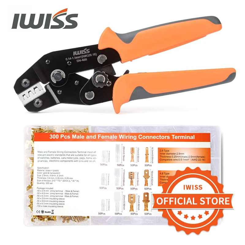 IWISS SN-48B EDM crimping plier kit 300 pcs 2.8/4.8/6.3 plug terminal crimper crimp pliers wire connector crimp tool set