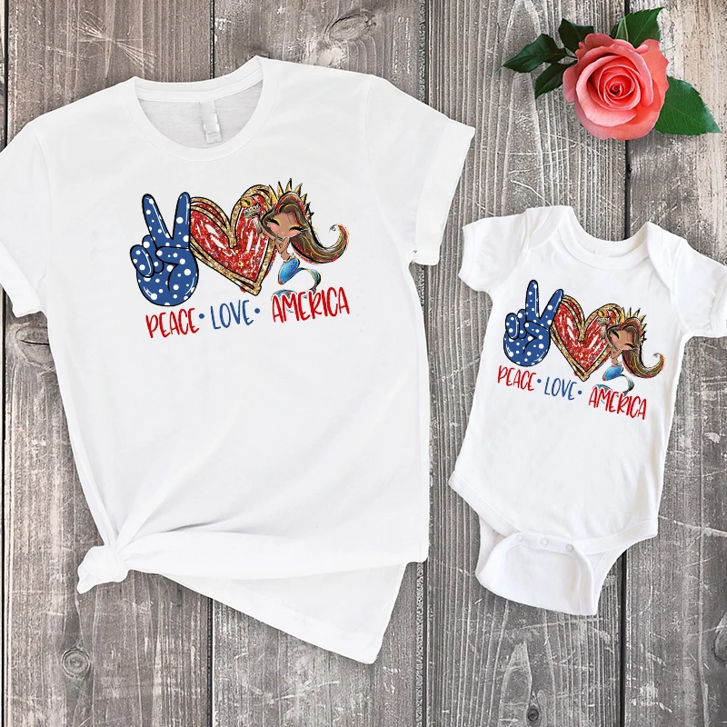 

Peace Love America Matching Outfits Women 4th of July Baby Girl Clothes Patriotic Mermaid Shirts Freedom Family Clothes M