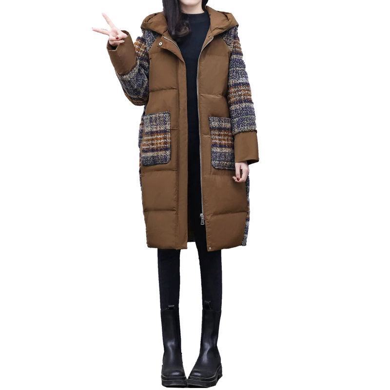 down Cotton-Padded Coat Patchwork Wool Coat New Winter Clothes plus Size Women\'s Clothing Plaid Woolen Patchwork Cotton-Padde