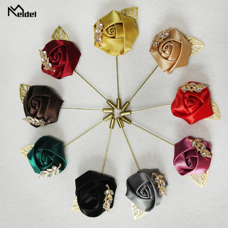 Meldel Groom Boutonniere Men Brooch Pins Silk Rose Wedding Boutonniere Groomsmen Corsage Flowers Prom Party Wedding Boutonnieres