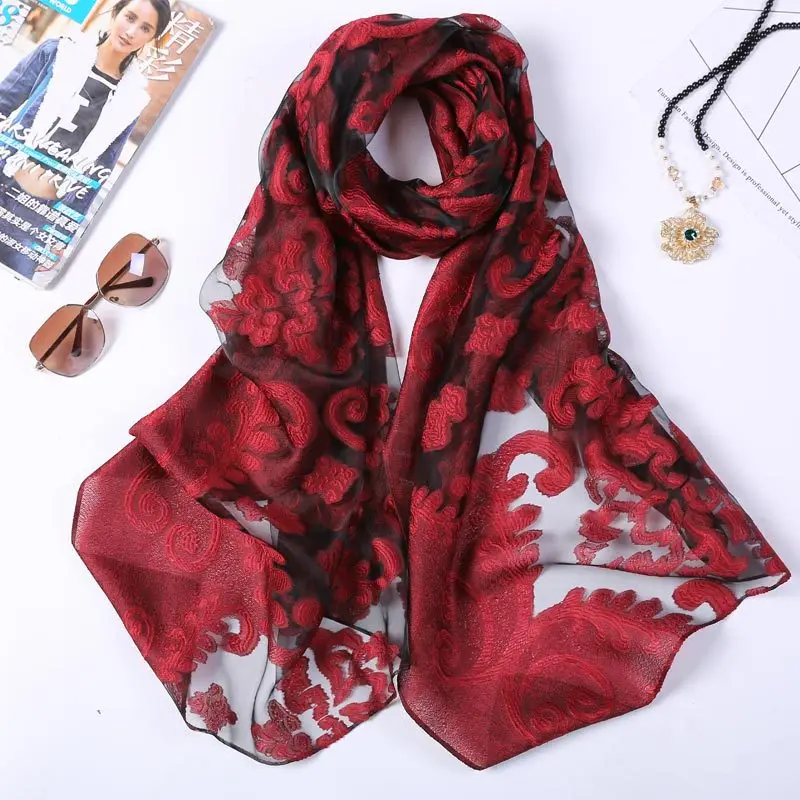 Hot Selling 180*70 Organza Silk Embroidery Floral Scarves Women Winter Shawls Hijab Lace Wrap Poncho For Euro USA