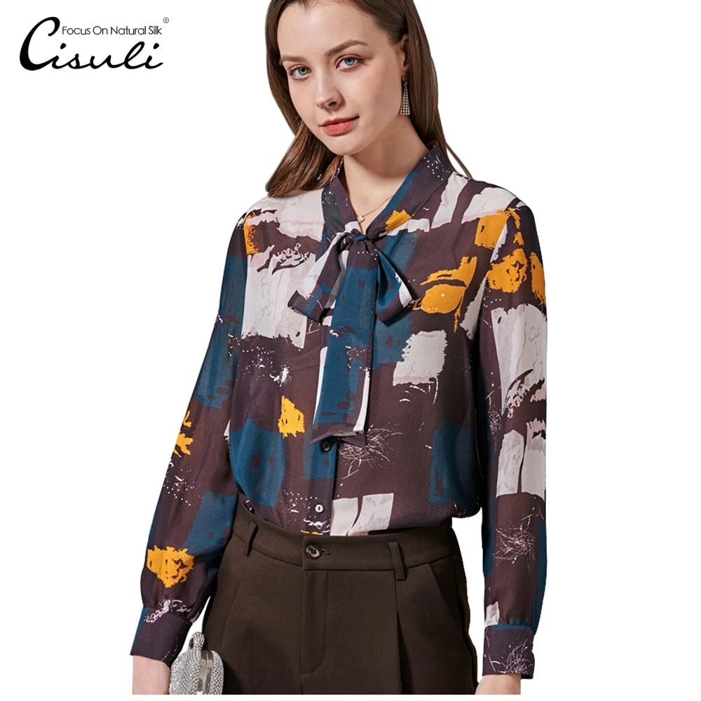 CISULI 100% Mulberry Silk Shirt Women Printed Shirt Office Lady Shirts Plus Size 3XL/4XL/5XL