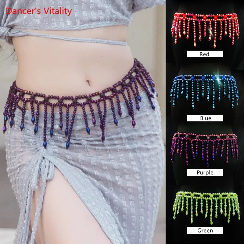 Belly Dance Belt Crystal Beads Waist Chain Practice Clothes Female Manual Beaded Tassel Hip Scarf Performance Accessories