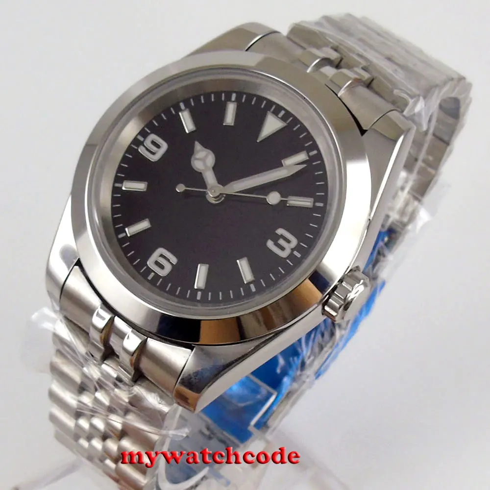 Automatic Mens Watch 40mm Sterile Black Dial Bracelet Strap Sapphire Glass Luminous Marks