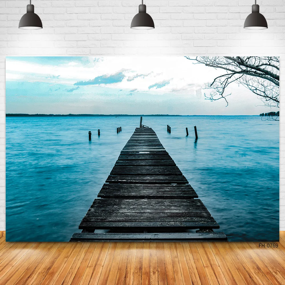 

Beautiful Natural Scenery Vintage Wooden Bridge Sky Beach Lake Baby Portrait Photography Backdrop Vinyl Background Photo Studio