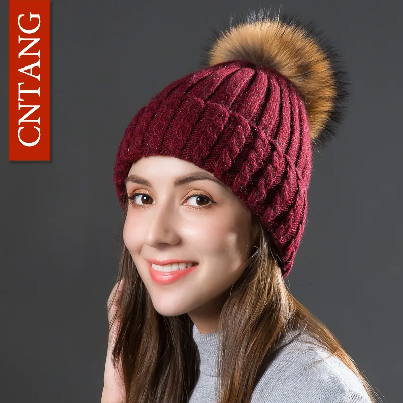 Classic Multiple Styles Beanies For Women Fashion Twist Knitted Wool Hat Autumn Winter Warm Hats Women Raccoon Fur Pompom Cap