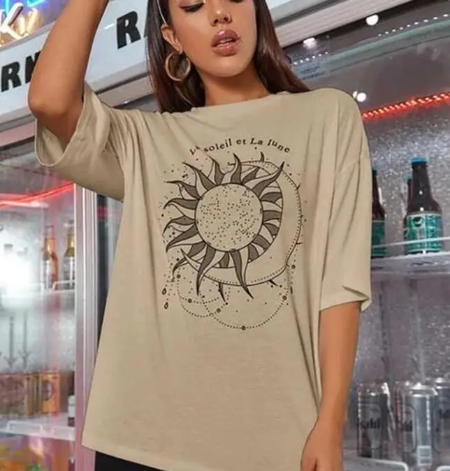 

LA SOLEI LA LUNA Women Short Sleeve Sun Moon Funny Printed T Shirt Cotton O-Neck Fashion Street Style Tops for Female