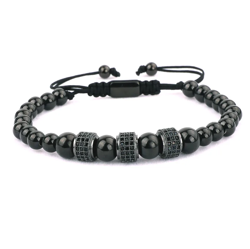 JARAVVI High Quality Stainless Steel CZ Pave Charm Adjustable Beaded Bracelet Men