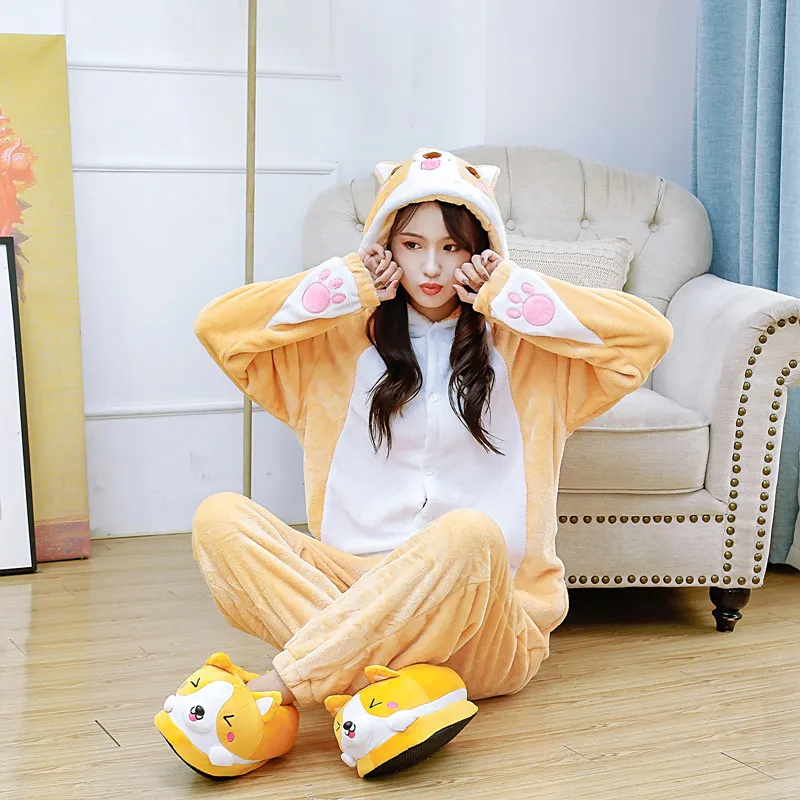 Set Kigurumi Adult Women Men Animal Corgi Pajamas Flannel Cartoon dog Cosplay Onesie corgi Warm Winter pijama womens pajamas