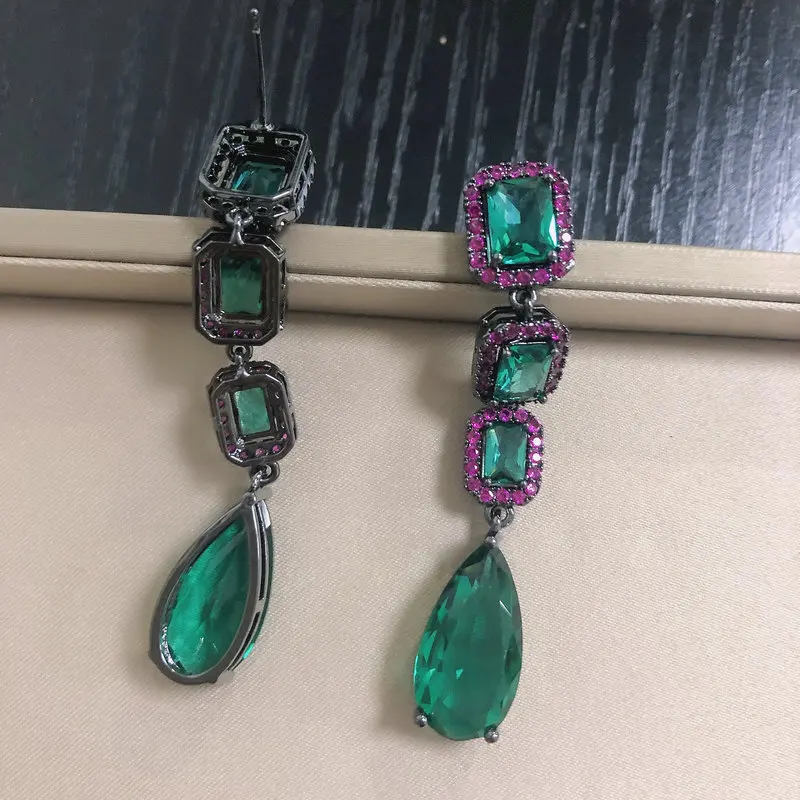 Bilincolor Fashion Long Evening Dark Green Cubic Zirconia Earring for Women