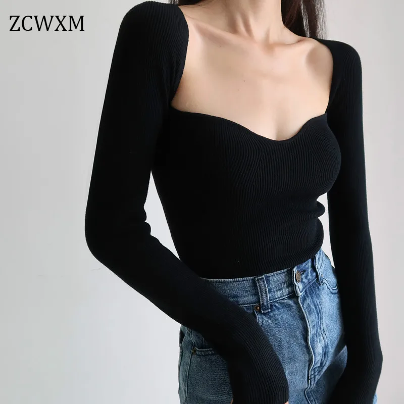 Autumn Knitted Sweaters Women Low-Cut V-Neck Cropped Sexy Bottoming Slim Fit Pullovers Women 2021 Solid Knitwear Female Jumper