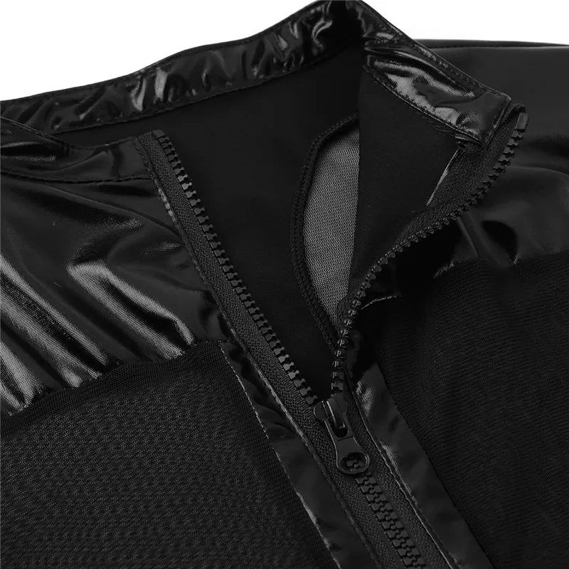 Unisex One Piece Mens Wet Look PVC Leather Clubwear High Neck Long Sleeves Zipper Front Mesh Splice Full Body Bodysuit Leotard