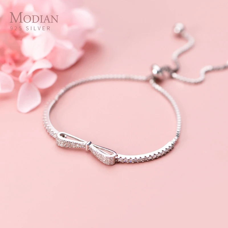 

Modian Authentic 925 Sterling Silver Radiant Clear CZ Bowknot Slim Bracelet for Women Adjustable Box Chain Fashion Fine Jewelry