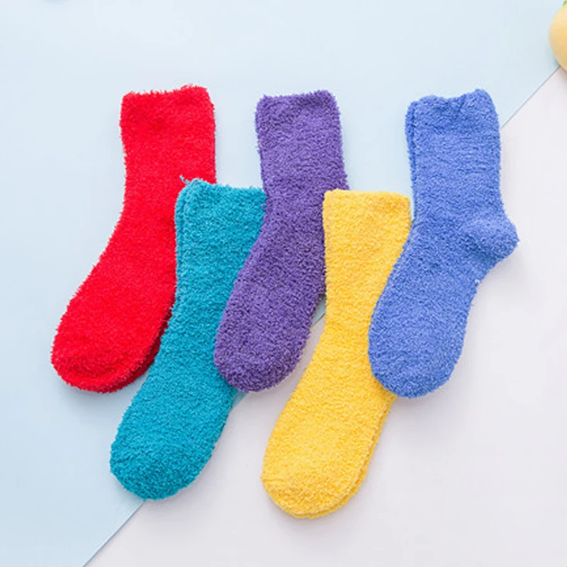 Candy Color Warm Socks Plush Female Coral Fleece Floor Women's Socks Woman Sox Girls Breathable Fluffy Pure Sleeping Sock Solid