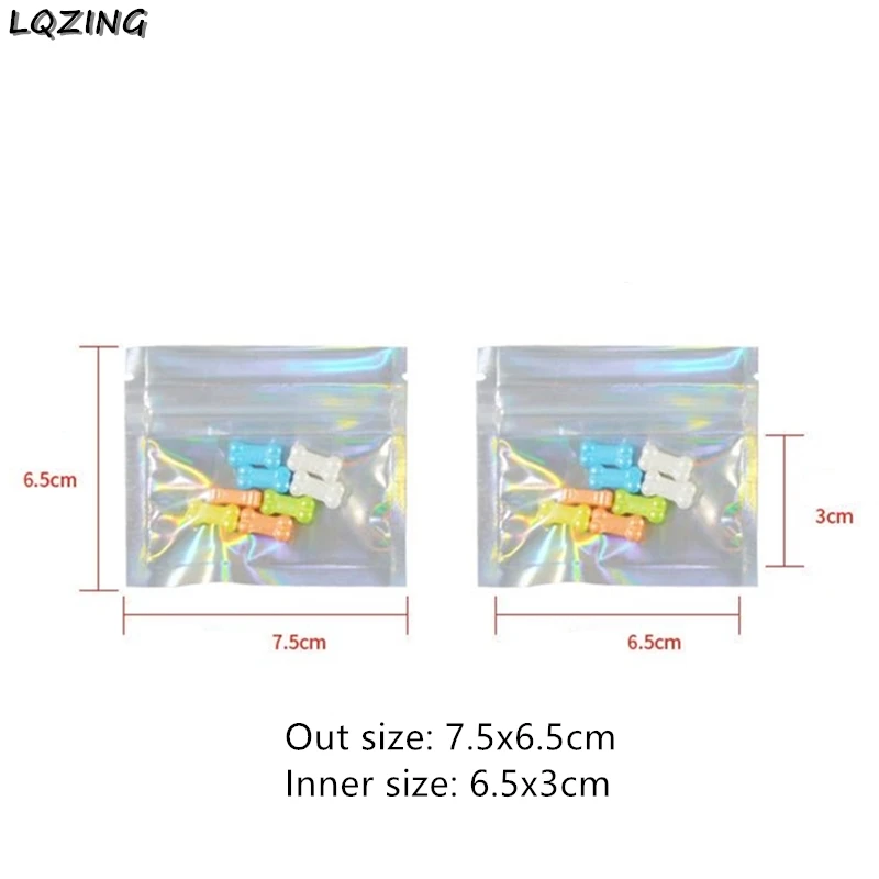 50 stücke Kleine 7,5x6,5 cm Laser Zip-lock Beutel Beutel Eine Seite Klar Holographische Folie Kosmetische Zipper Tasche hängen Haken Einzelhandel Verpackung