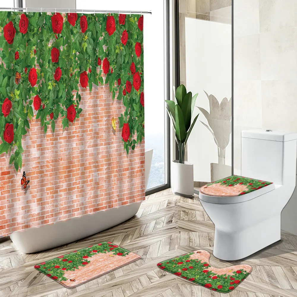 

Vintage Old Brick Wall Shower Curtain Butterfly Rose Flower Green Plant Spring Scenery Non-Slip Rug Toilet Cover Bath Mat Set