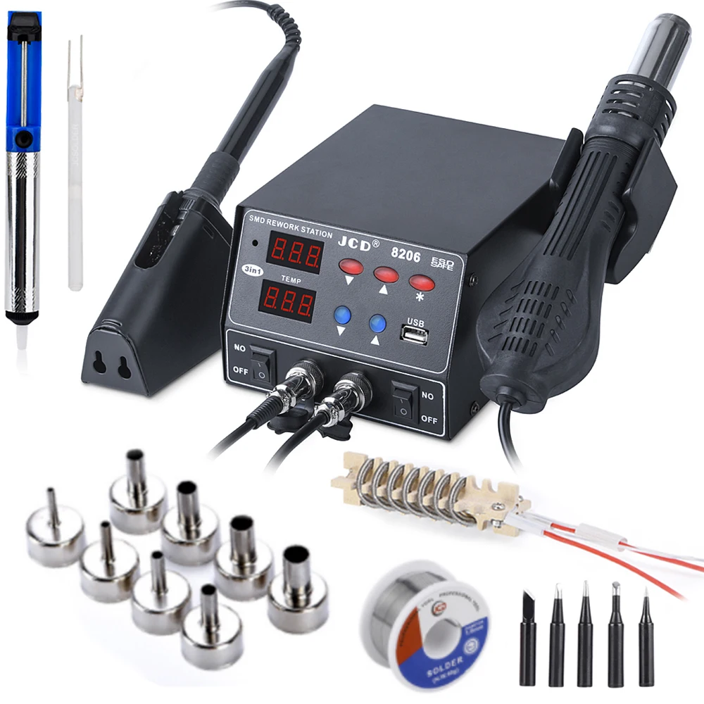 JCD 800W Rework Soldering Station LED Digital Display SMD Welding Hot Air Gun Solder Station Soldering Iron Repair Tool Kit 8206