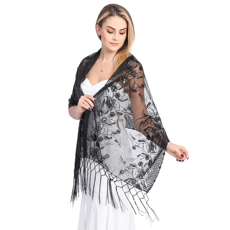 Elegant Women Sequins Embroidery Lace Shawls for Evening Party Bridal Bridesmaid Wedding Boleros Shrugs Wraps Tassel Capes