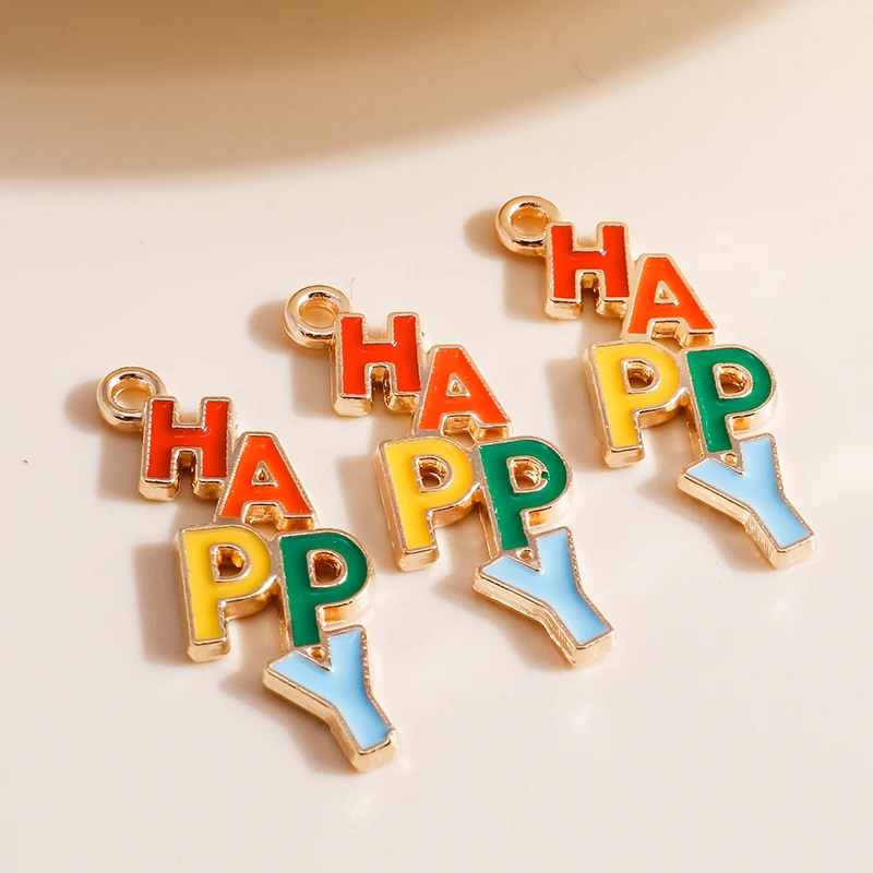 Leslie 10pcs 11*29mm Enamel Letter Happy Charms for Jewelry Making Alphabet Charms DIY Earrings Necklaces Pendants Accessories