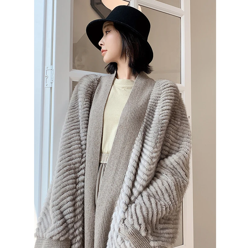 HDHOHR 2024 New High Quality Natural Mink Fur Coat Women With Belt Knitted Real MinkFur Jacket Fashion Warm Long For Female