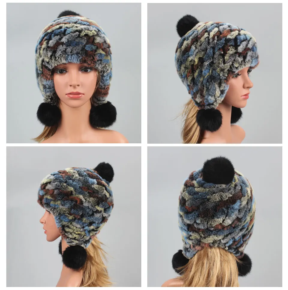 Echte Rex Kaninchen Pelz Hut für Frauen Herbst Russische uschanka Streifen Pelz Kappe dame winter Warme Kopf Tragen Elastische Gestrickte bomber Hüte – Detail 11