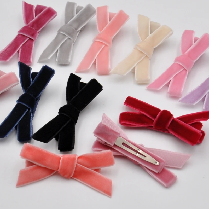 24Pcs/Lot  Handtied Velvet Bow Hair Clip For Kids Ribbon Hairpins Children Hair Accessories