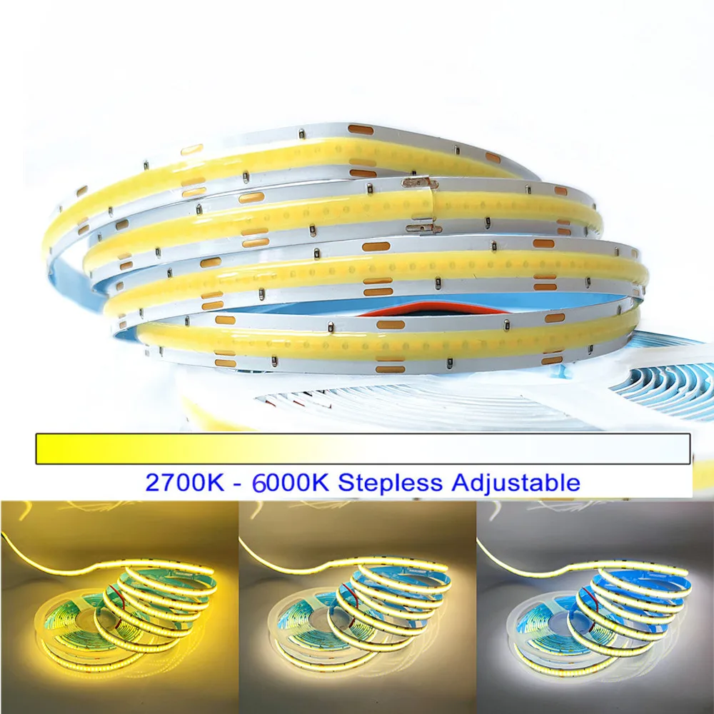 

12 В постоянного тока CCT 3000K-6000K COB светодиодная полоса освещения 576 светодиодов высокая плотность гибкий FOB COB CCT COB полоса 10 мм с белой линейной регулируемой яркостью