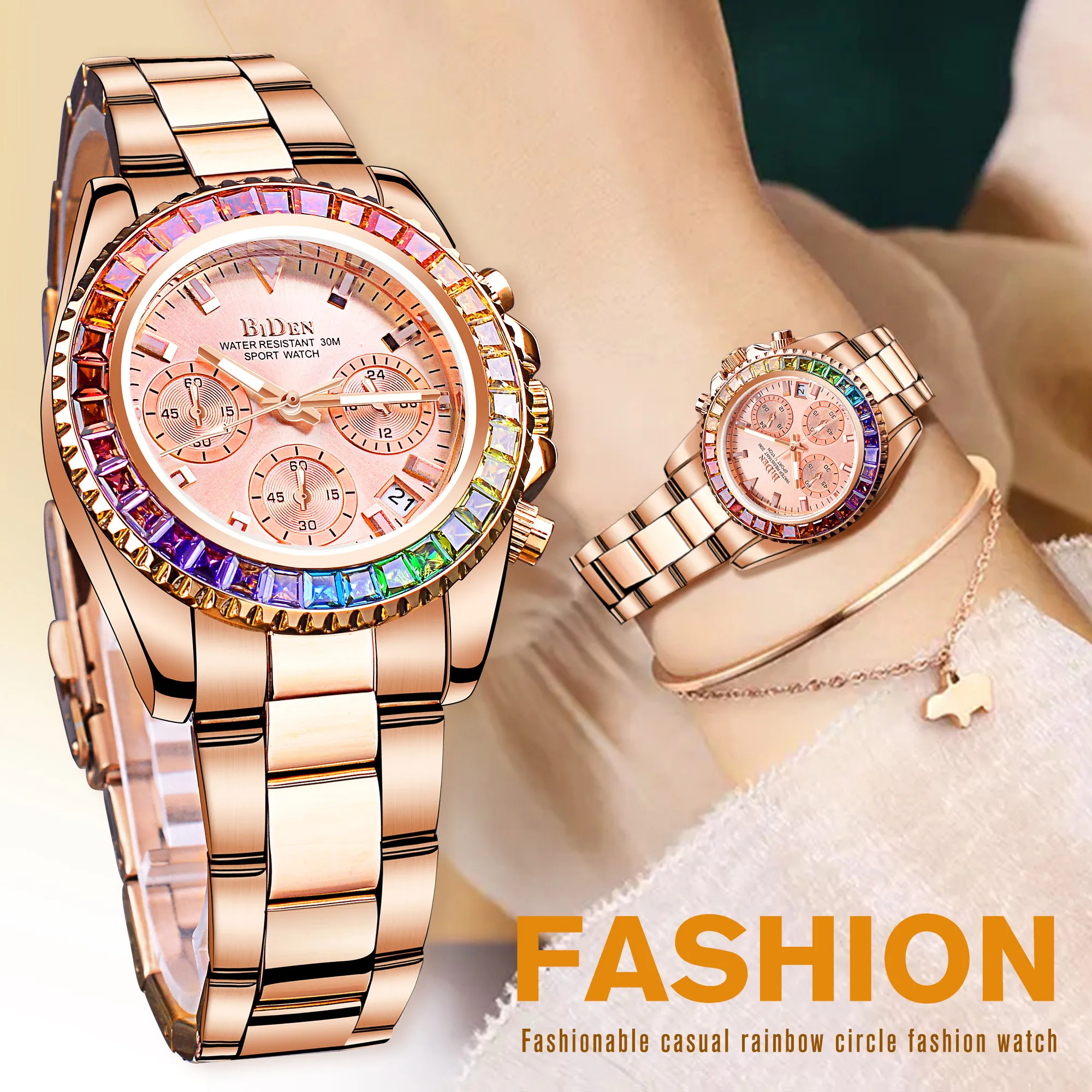 Biden Luxury Ladies Quartz Watch Diamond Women\'s Automatic Watches 3 Dial Wristwatches Fashion Clock Bracelet Zegarek Damski